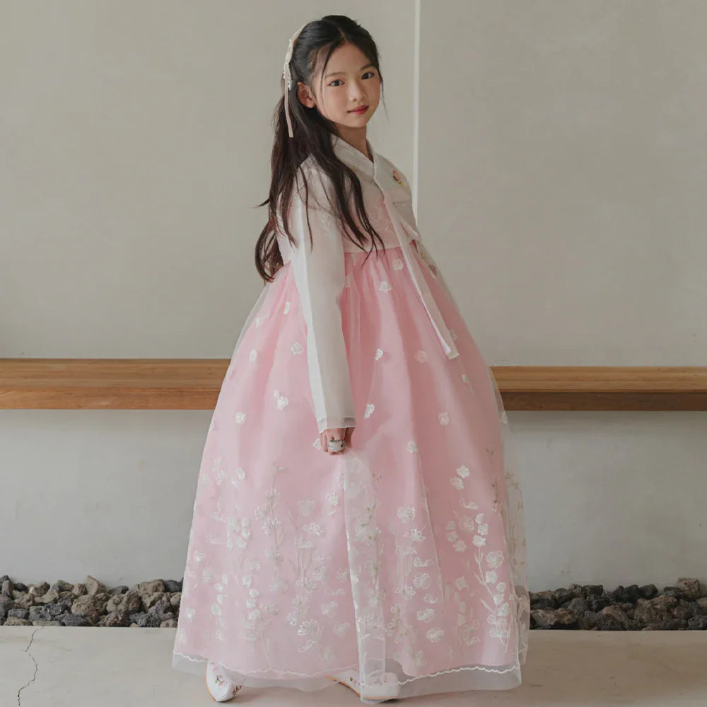 Sam Pink Lace Dress Girl Hanbok (1-12YR) - Native Korean