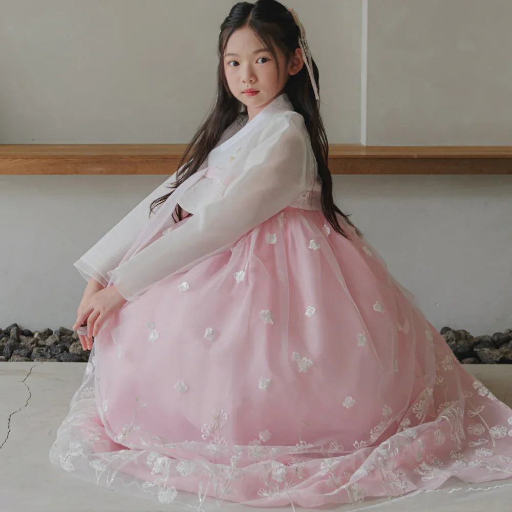 Sam Pink Lace Dress Girl Hanbok (1-12YR) - Native Korean