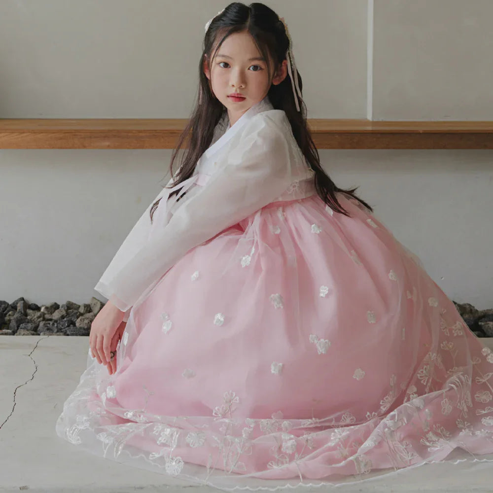 Sam Pink Lace Dress Girl Hanbok (1-12YR) - Native Korean