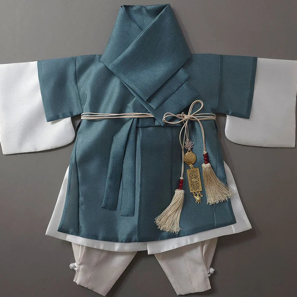 Gunyun Teal Dopo Boy Hanbok by Native Korean with a decorative Norigae tassel