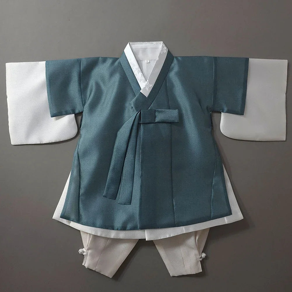 Gunyun Teal Dopo Boy Hanbok by Native Korean with white sleeves and pants