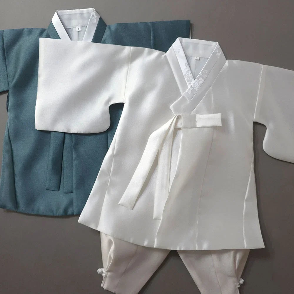 A teal and white Gunyun Dopo Boy Hanbok by Native Korean.