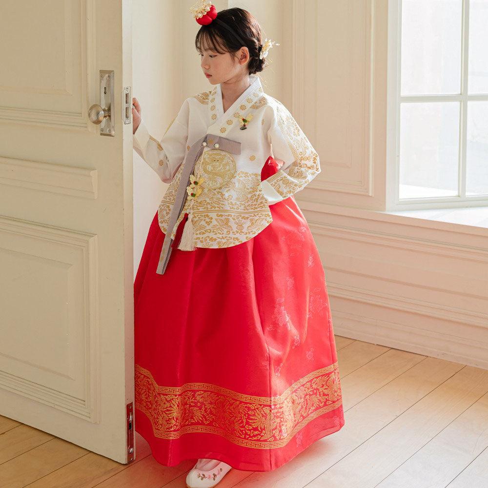 Hyunbi Gold Foil Ivory Red Girl Hanbok (100D-15YR) - Native Korean