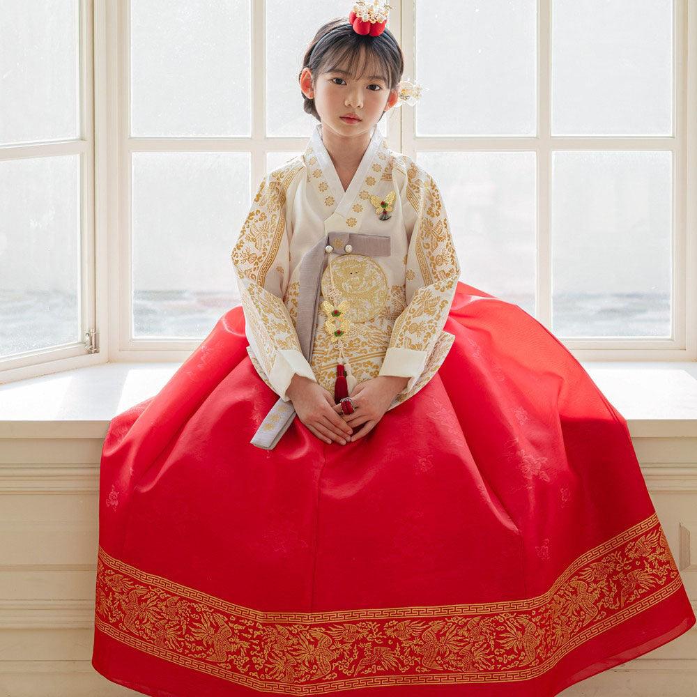 Hyunbi Gold Foil Ivory Red Girl Hanbok (100D-15YR) - Native Korean