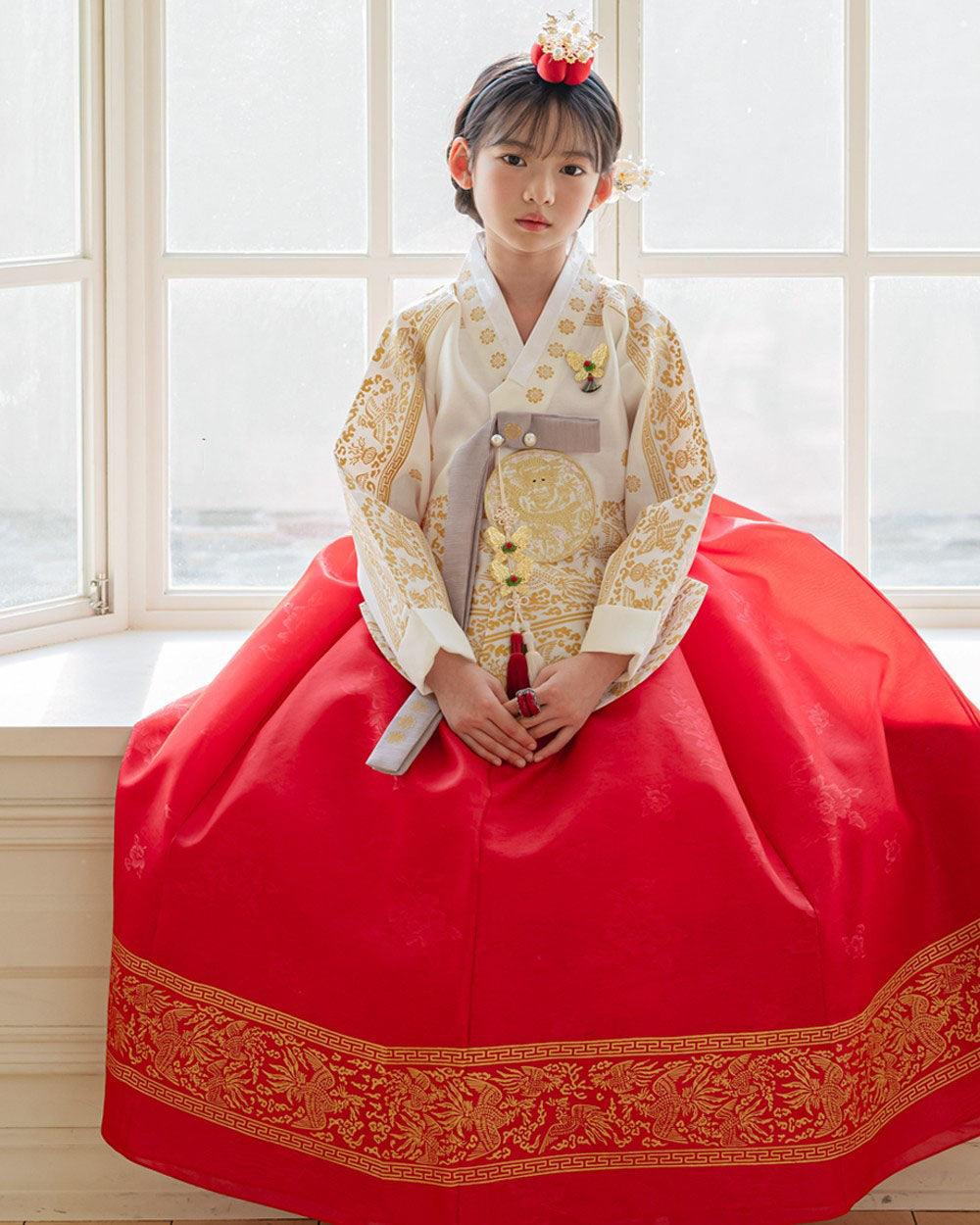 Hyunbi Gold Foil Ivory Red Girl Hanbok (100D-15YR) - Native Korean
