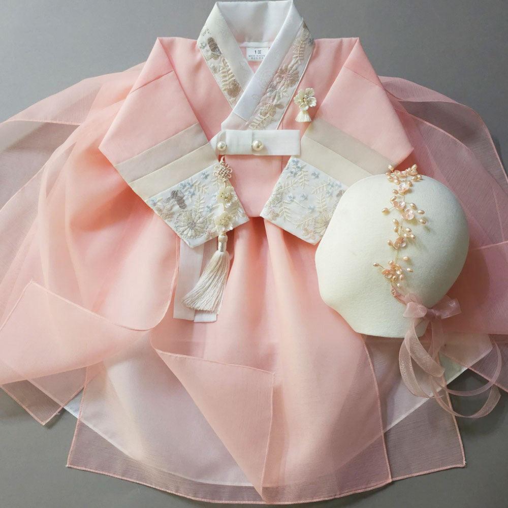 Hyunjoo Jeogori Coral Layered Skirt Girl Hanbok (100D-15YR) - Native Korean