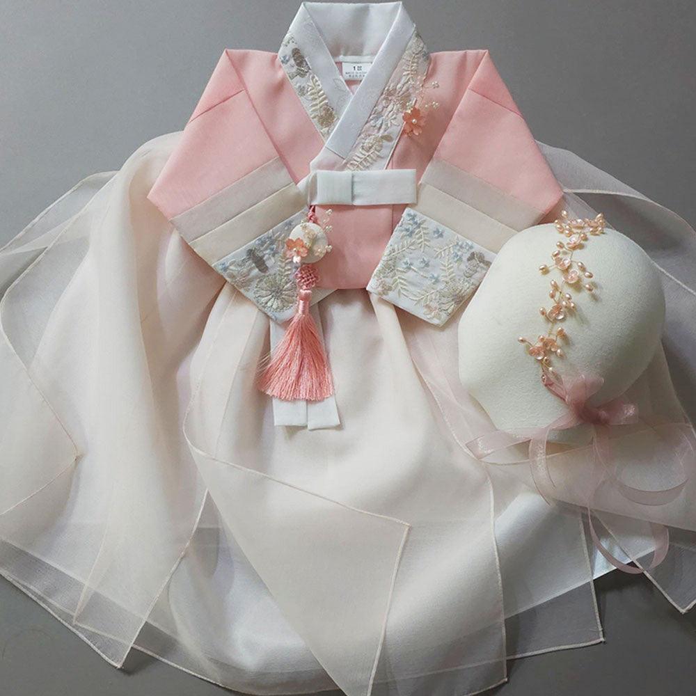 Hyunjoo Korean Girl Hanbok with Pink Jeogori and Ivory Layered Skirt