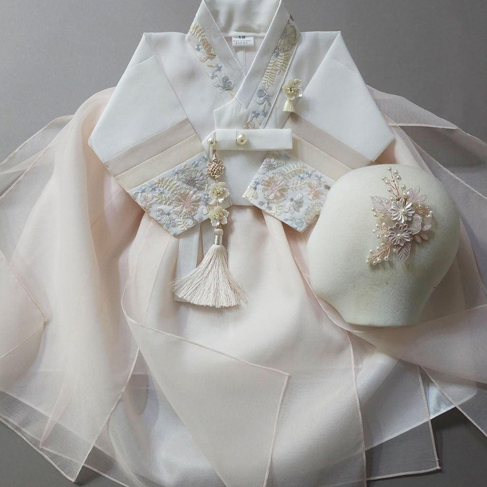 Ivory Girl Hanbok with Tassel Norigae and Hanbok Hair Accessory from Native Korean