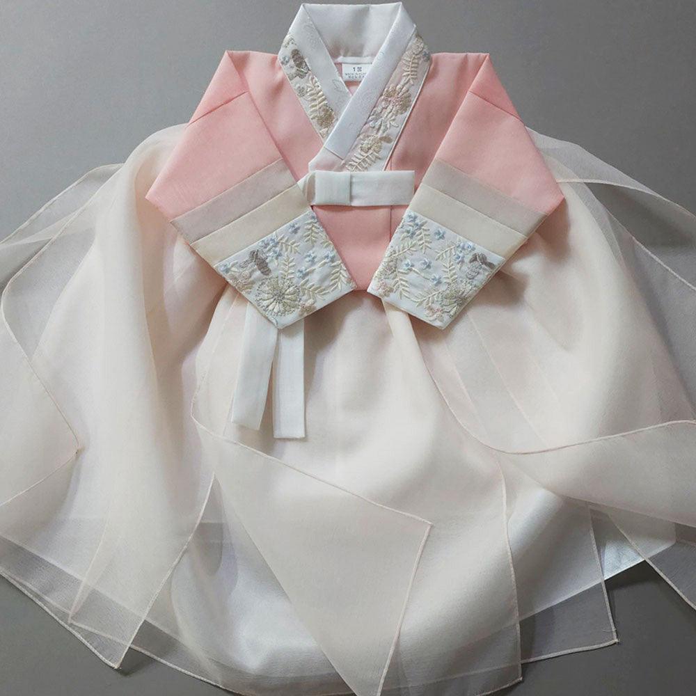 Ivory and Pink Girl Hanbok with Floral Embroidered Jeogori – Dol Outfit