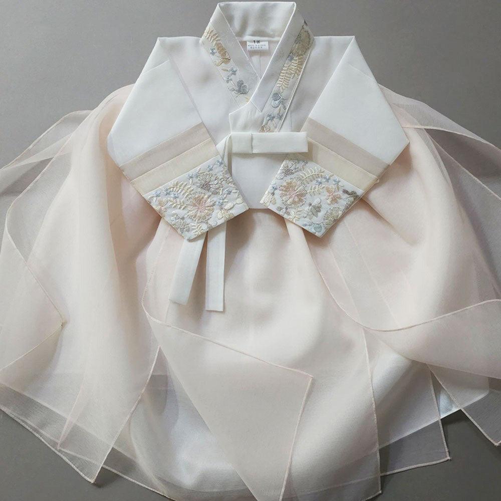 Ivory Hanbok Set with Detailed Embroidery and Layered Skirt