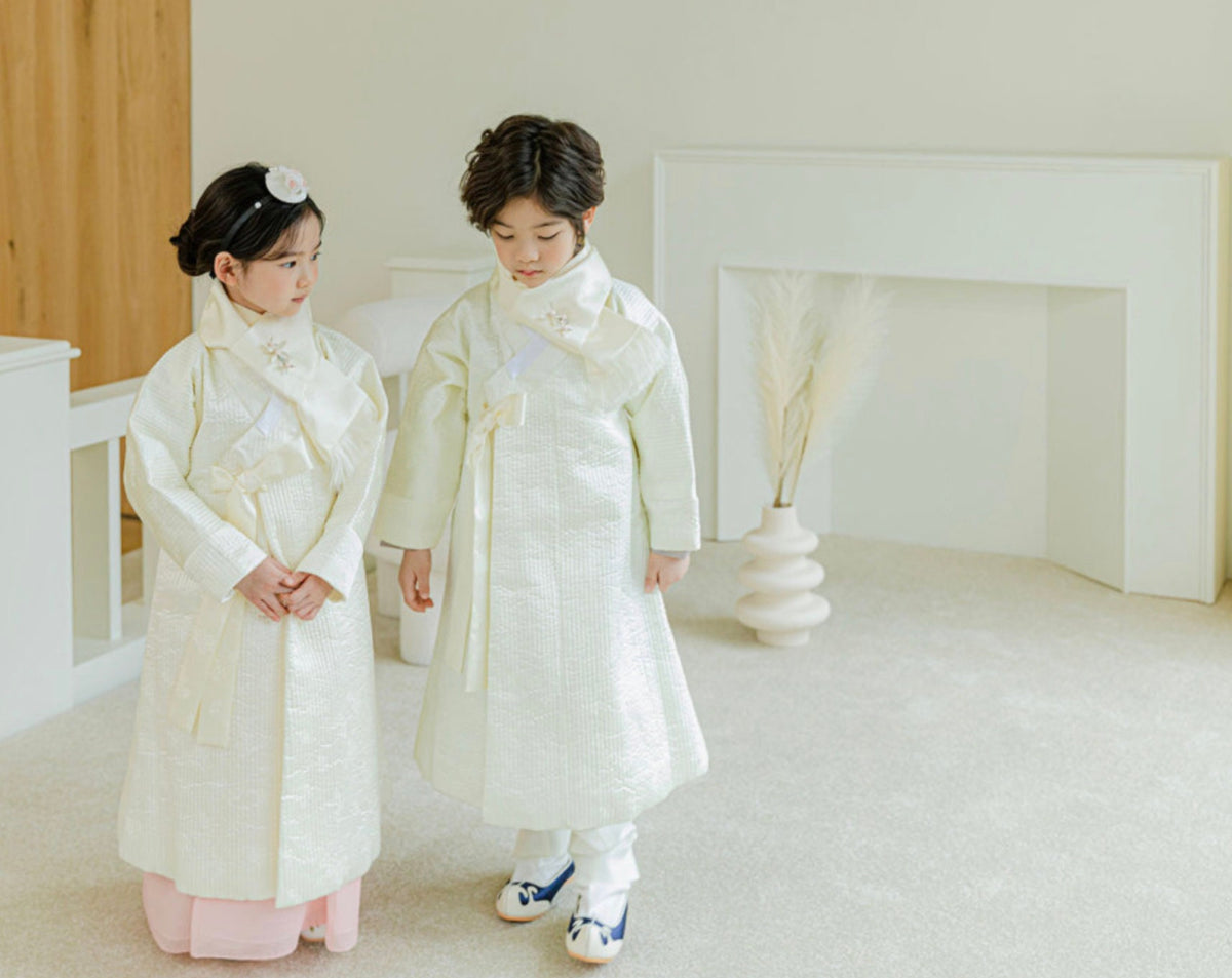 Ivory Quilted Outer W/muffler, 1~10y/oBoy, Hanbok Outer, Korean 1ST Birthday Party, Dol, Hanbok Set, Korean Costume - NativeKorean - Hanbok Outer