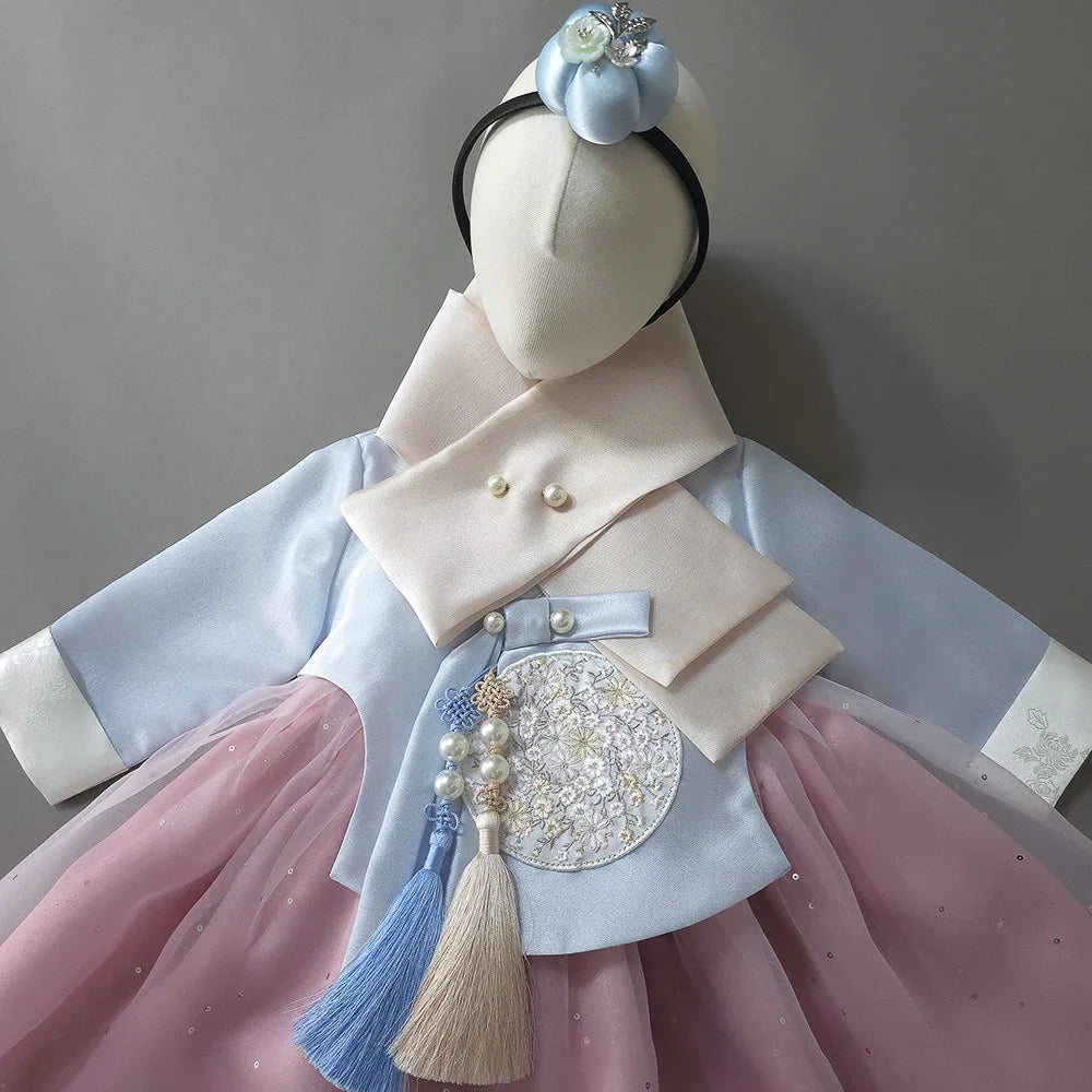 Native Korean Pearl Sky Pink Girl Hanbok with matching headpiece and norigae