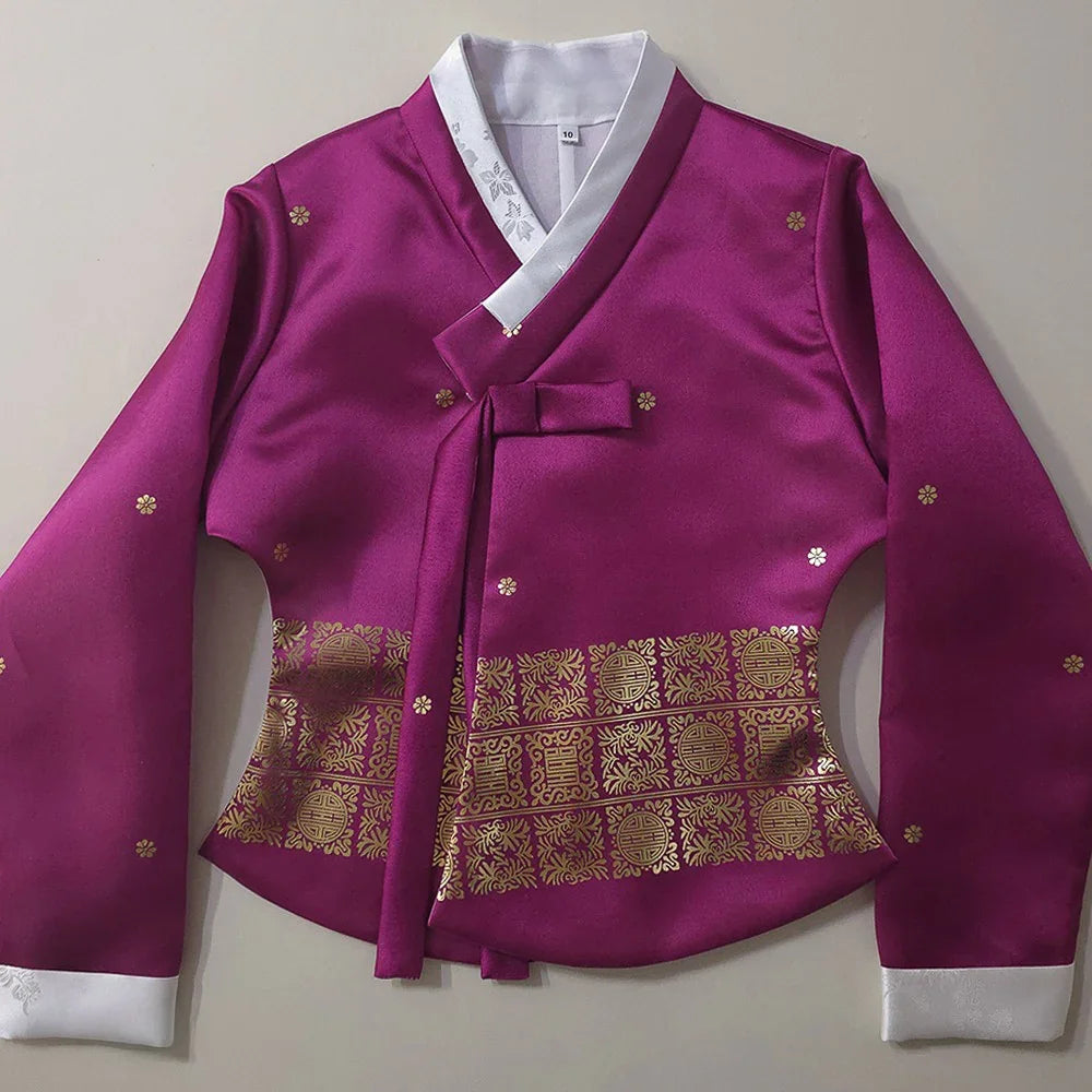 Magenta Native Korean Girl Hanbok jacket with gold embroidered patterns and white collar