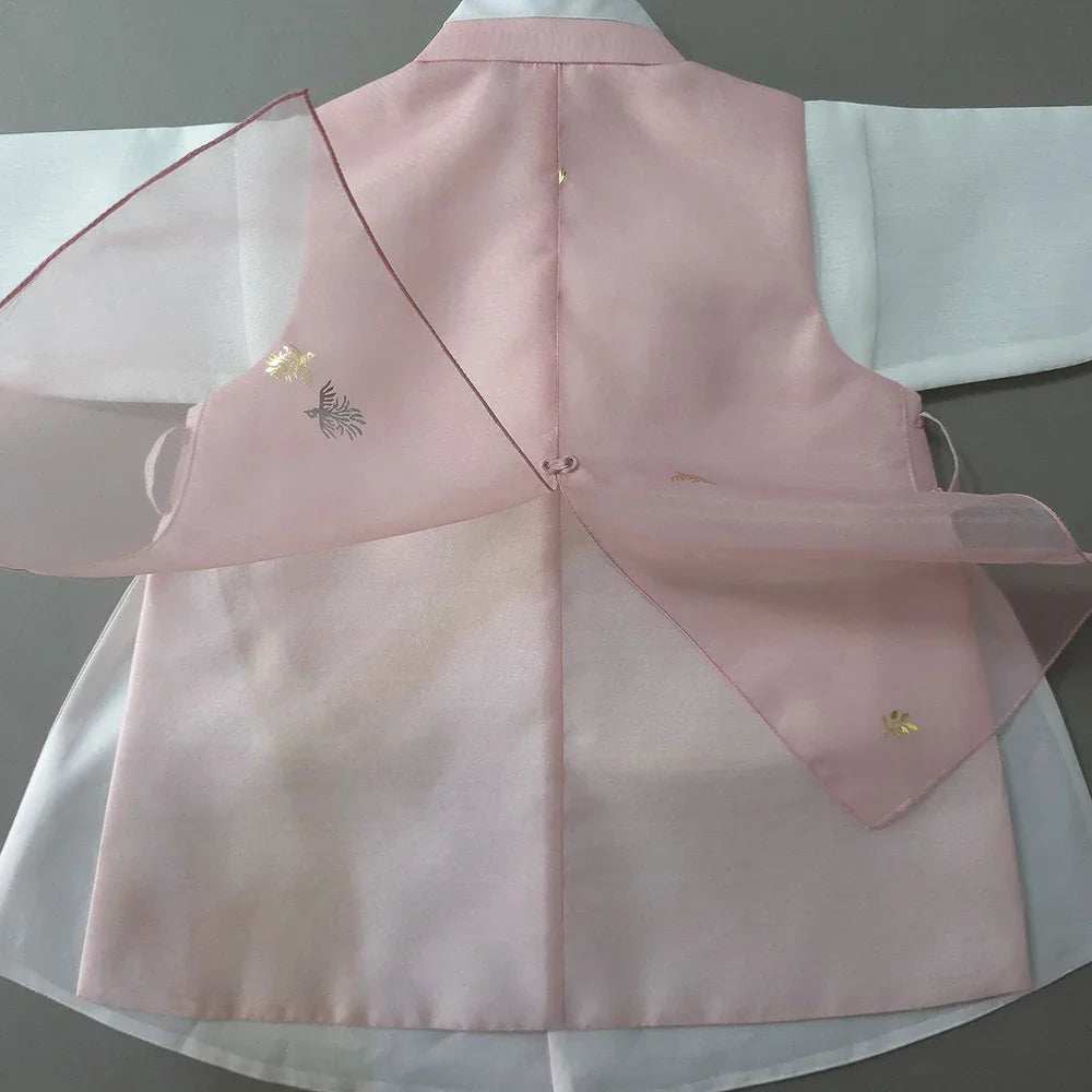 Back view of a pink Heesung Boy Hanbok with a sheer pink overlay.