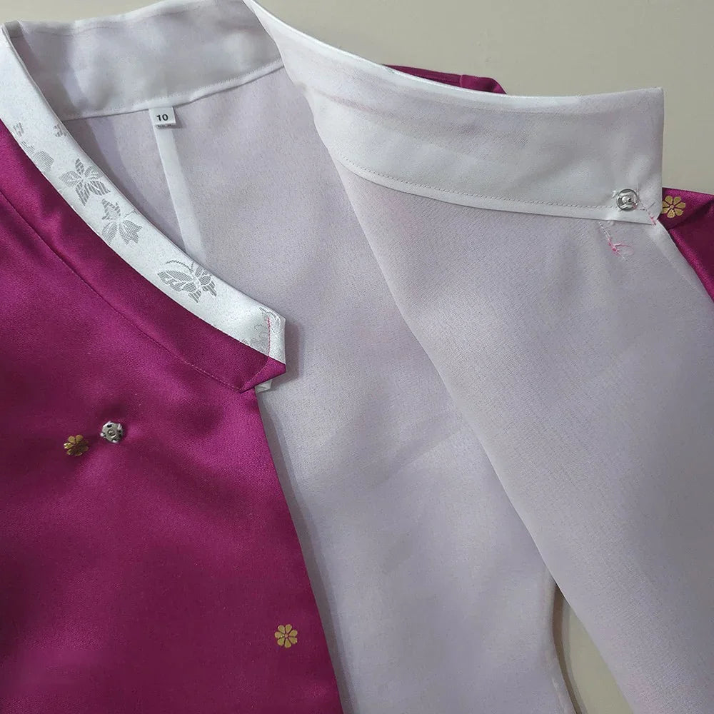 Close-up of the collar and inner lining of a magenta Native Korean Girl Hanbok.