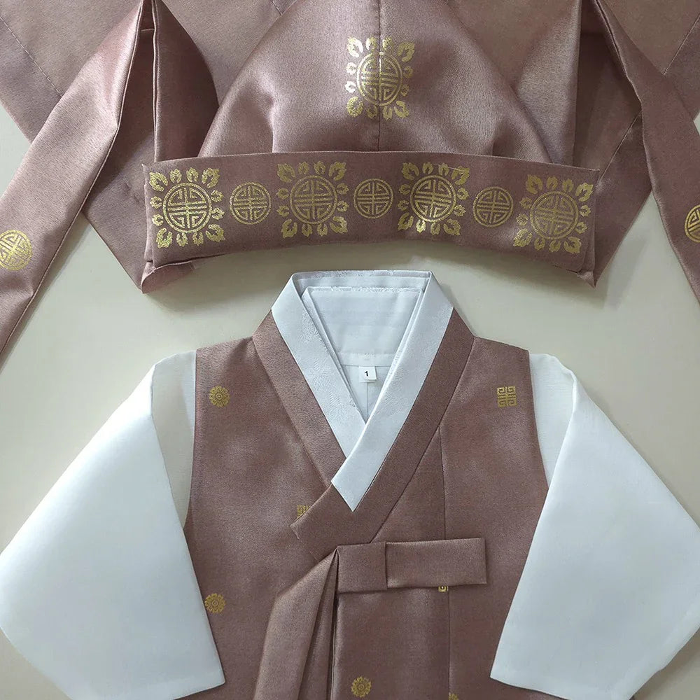 Brown Native Korean boy hanbok with gold patterns and white sleeves