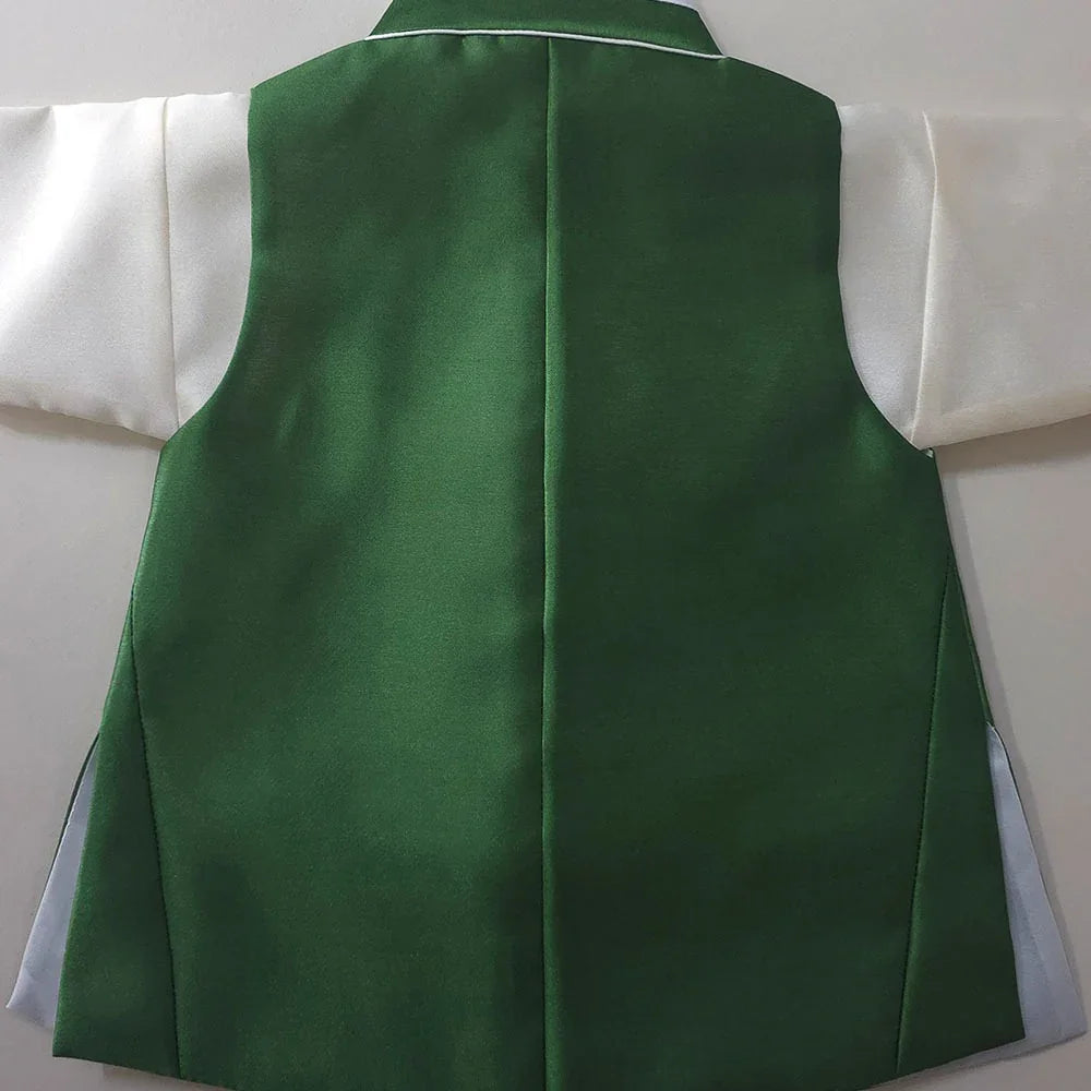 Green Native Korean Boy Hanbok vest with white sleeves