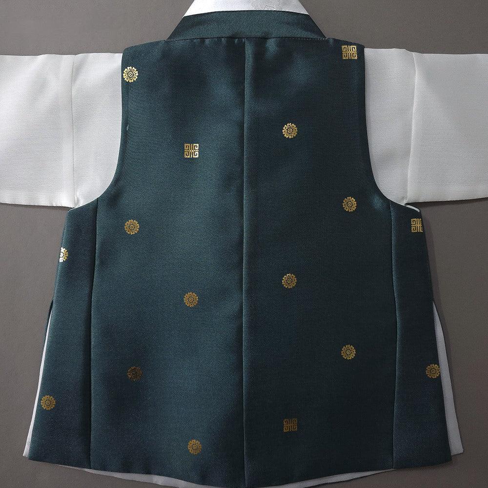 Back view of a teal Native Korean Boy Hanbok vest with gold floral patterns.