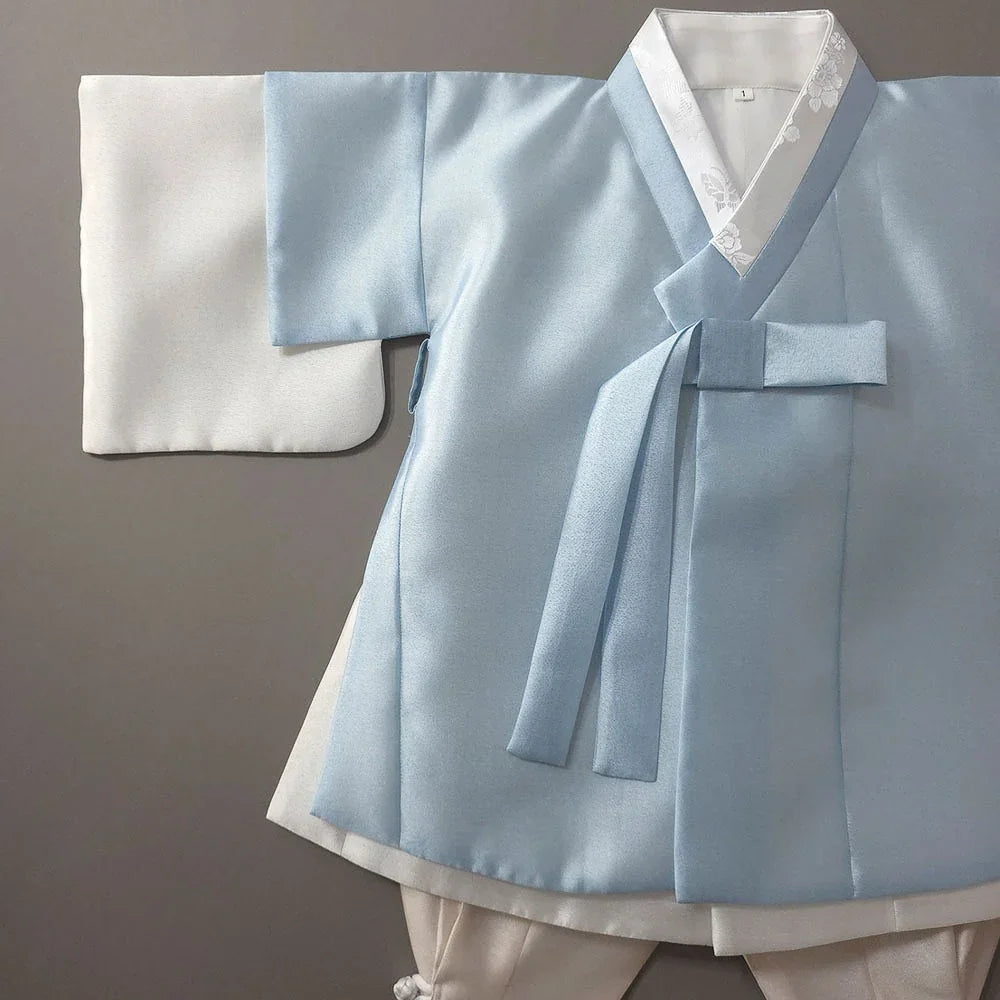 Light blue Native Korean Gunyun Sky Dopo Boy Hanbok with white collar and undershirt