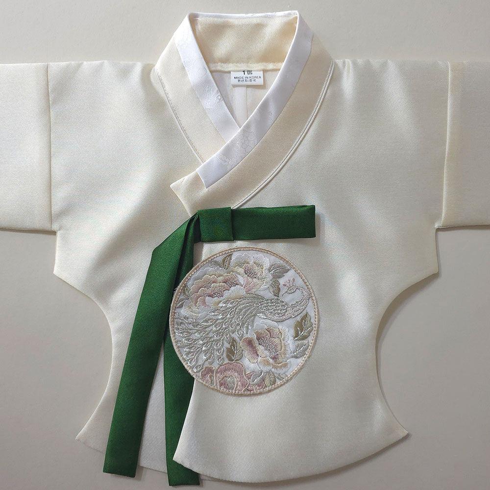 White Native Korean Girl Hanbok jacket with a green ribbon and floral embroidery.