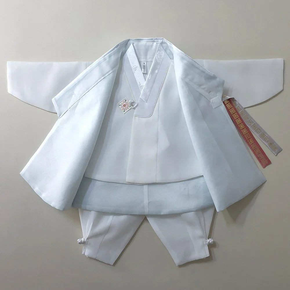 Light blue Native Korean Eunkyo Sky Vest Boy Hanbok set on a plain background.