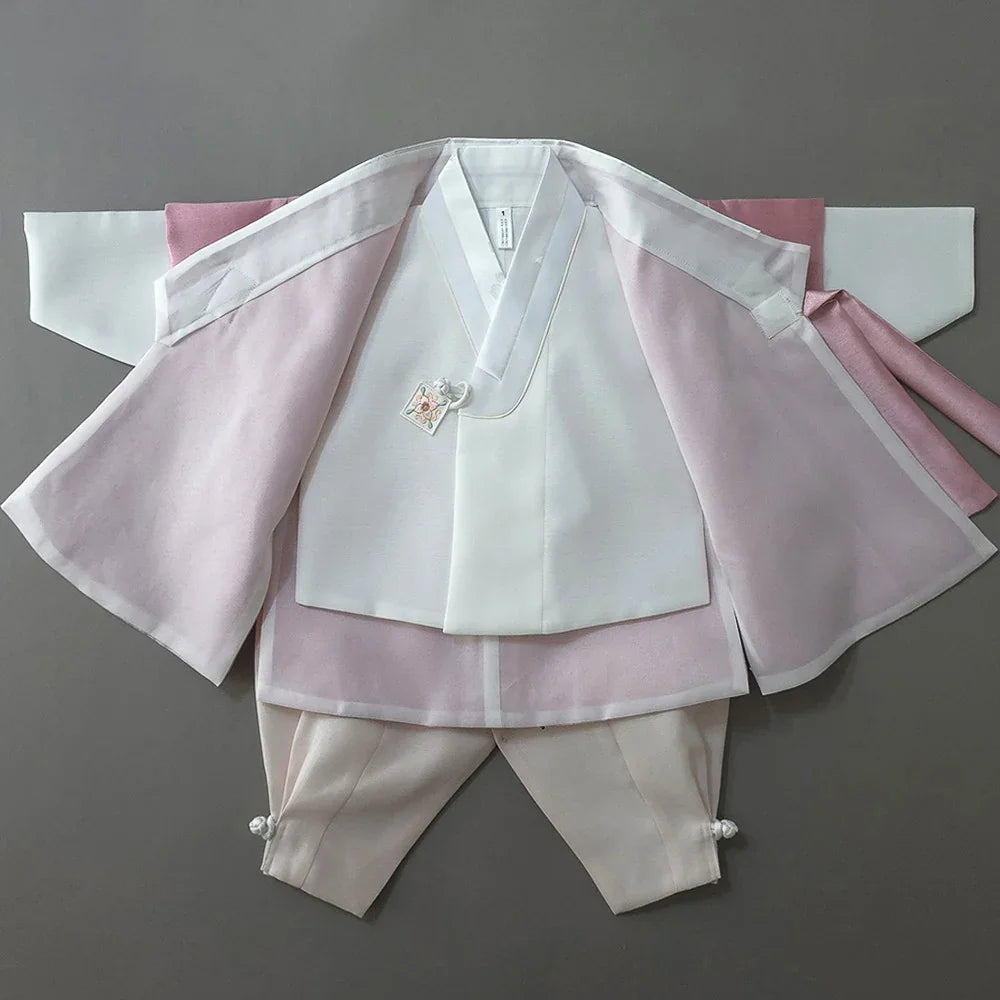 Pearl pink and white boy hanbok by Native Korean with matching pants.