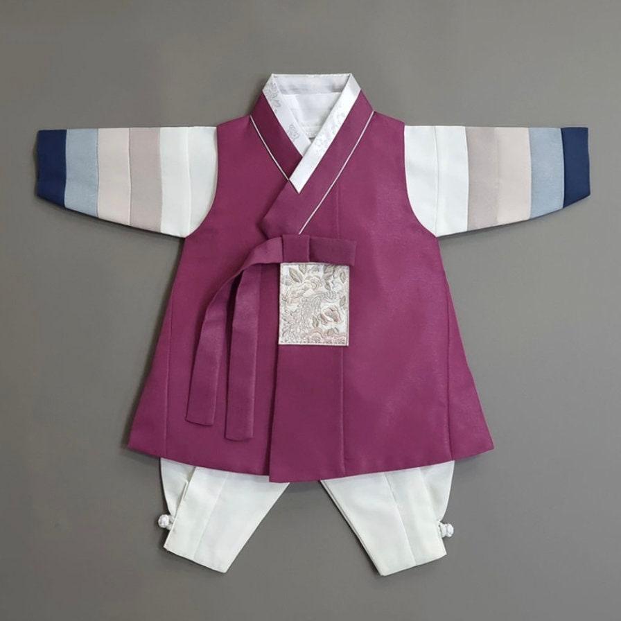 Jeongwoo Magenta Stripe Ivory Boy Hanbok (100D-15YR) - Native Korean