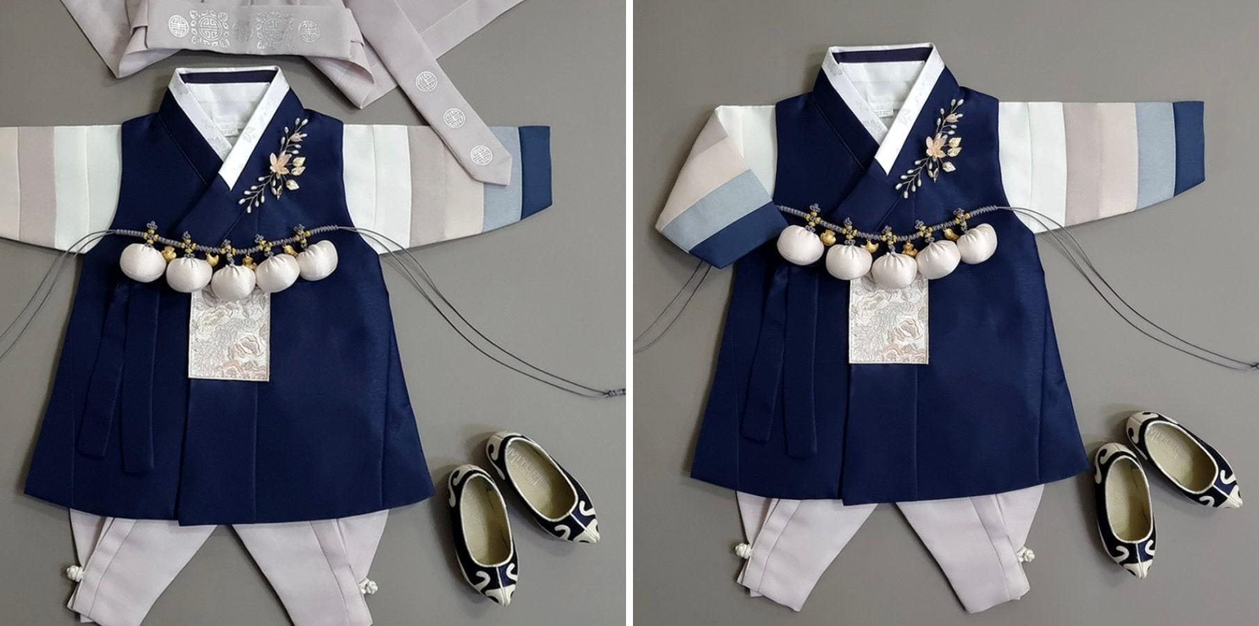 Jeongwoo Navy Stripe Pink Gray Boy Hanbok (100D-15YR) - Native Korean