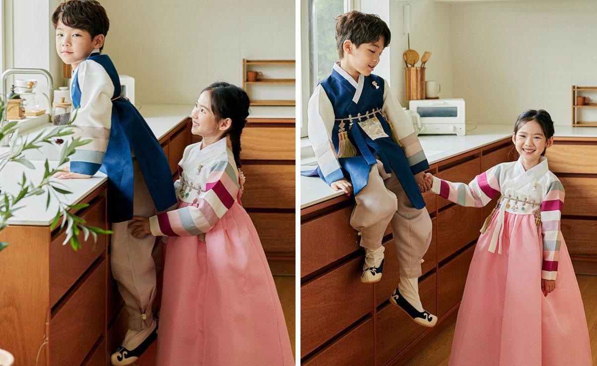 Jeongwoo Navy Stripe Pink Gray Boy Hanbok (100D-15YR) - Native Korean