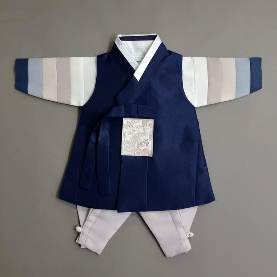 Jeongwoo Navy Stripe Pink Gray Boy Hanbok (100D-15YR) - Native Korean