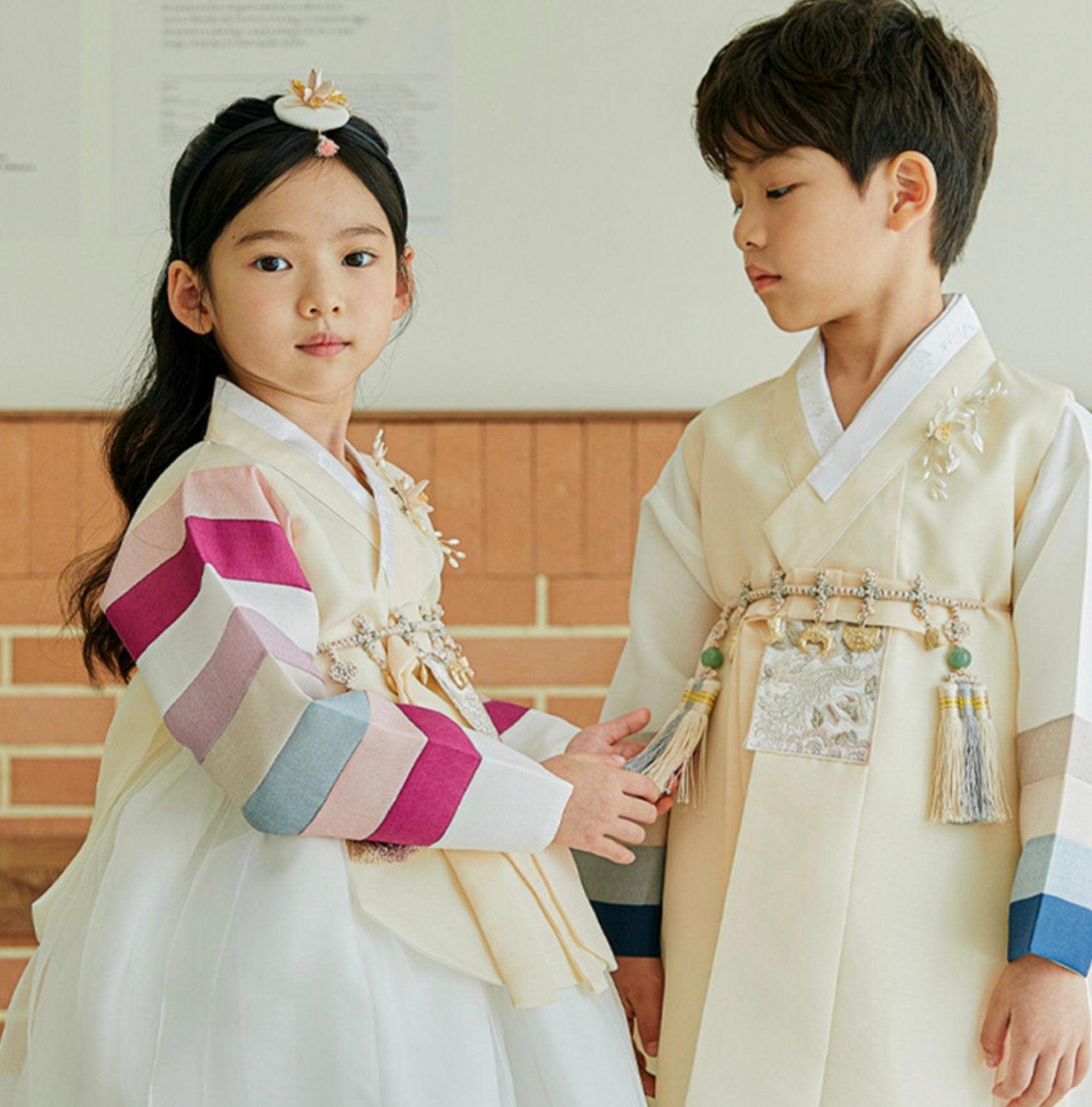 Jeongwoo Yellow Stripe Ivory Boy Hanbok (100D-15YR) - Native Korean