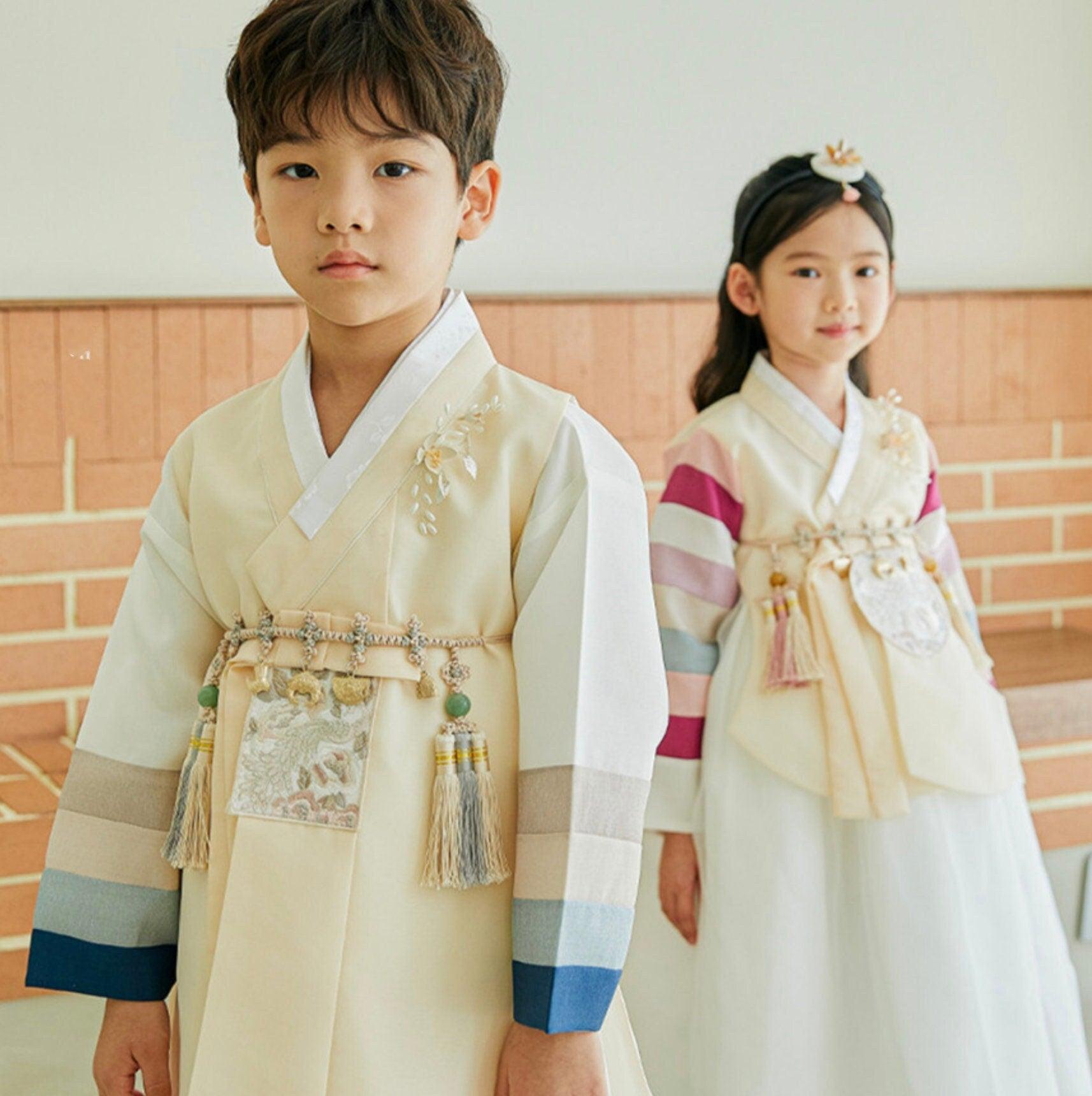 Jeongwoo Yellow Stripe Ivory Boy Hanbok (100D-15YR) - Native Korean