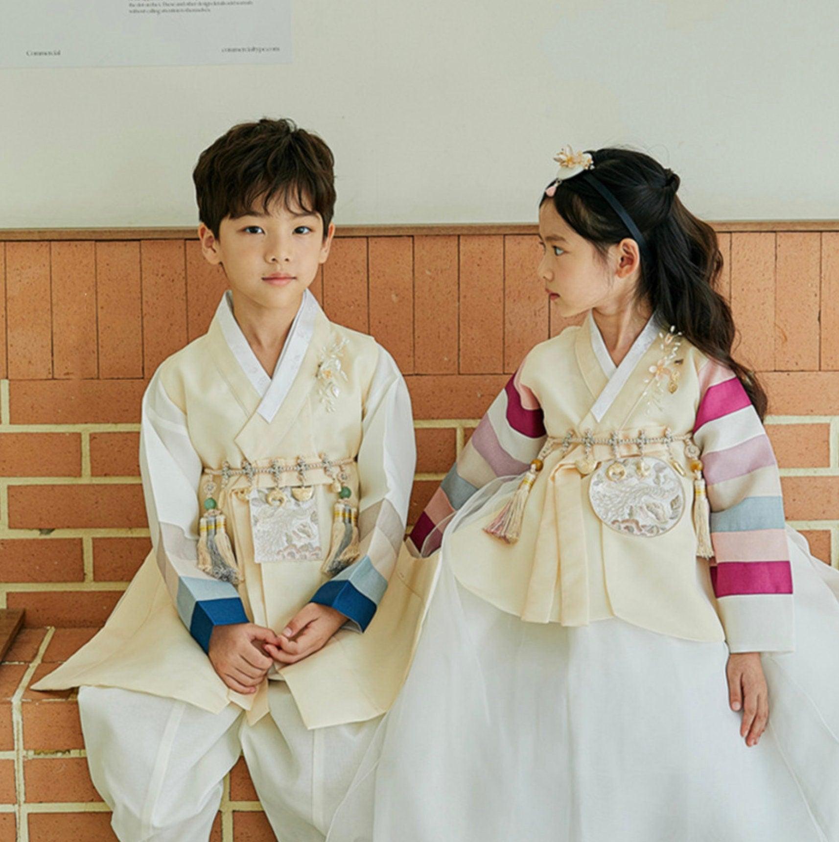 Jeongwoo Yellow Stripe Ivory Boy Hanbok (100D-15YR) - Native Korean