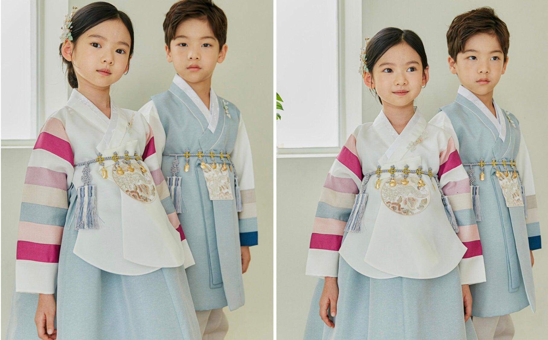 Jeongyun Stripe White D.Sky Skirt Girl Hanbok (100D-15YR) - Native Korean