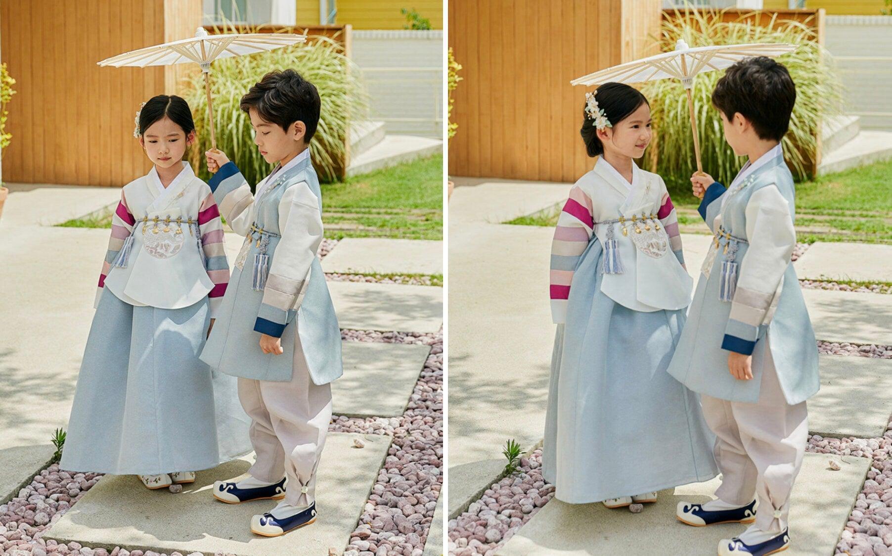 Jeongyun Stripe White D.Sky Skirt Girl Hanbok (100D-15YR) - Native Korean