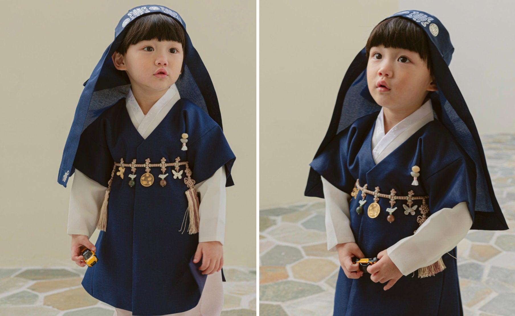 Joon Navy Solid Beige Boy Hanbok (100D-10YR) - Native Korean