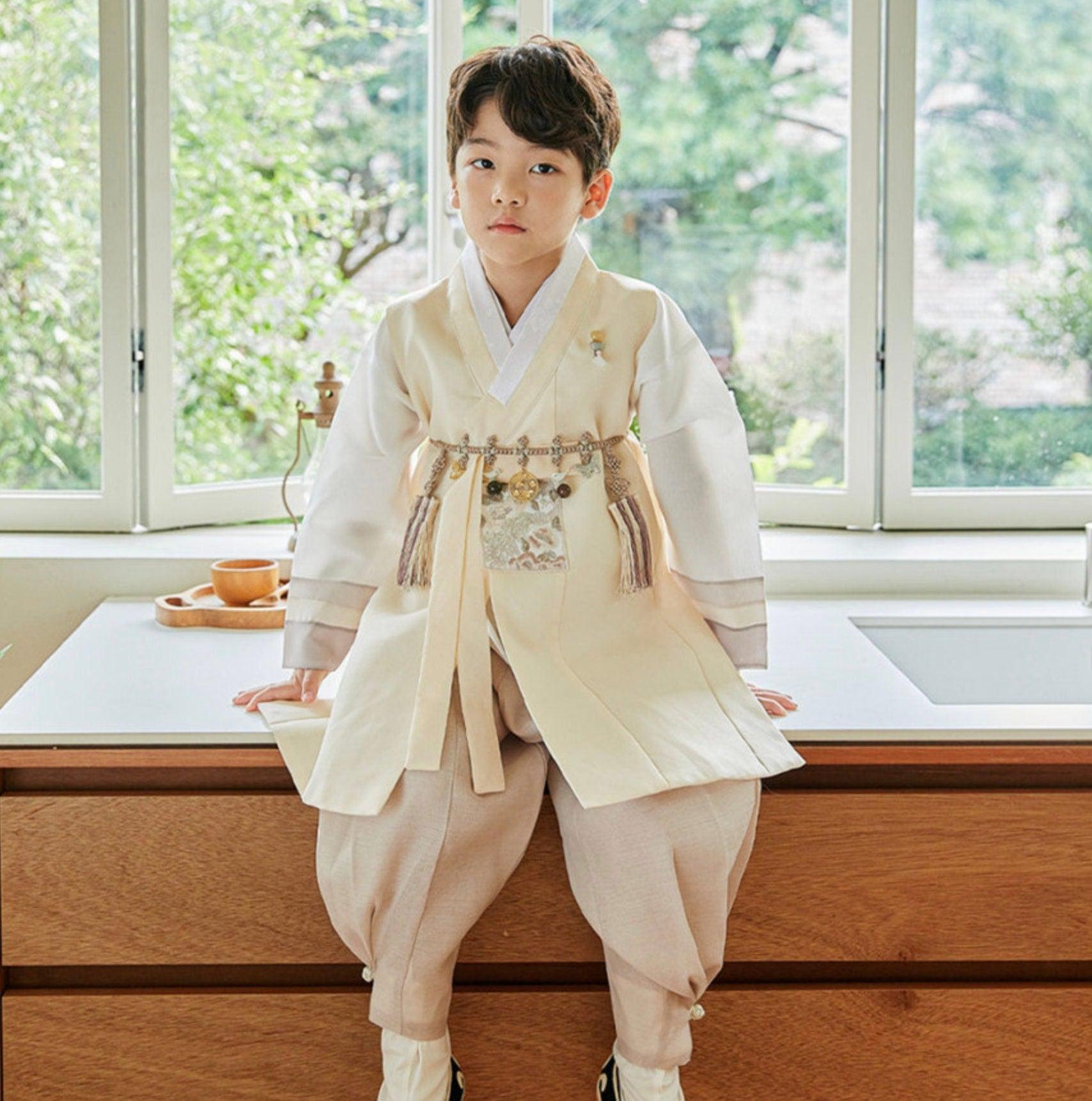 Junwoo Yellow Stripe Beige Boy Hanbok (100D-15YR) - Native Korean