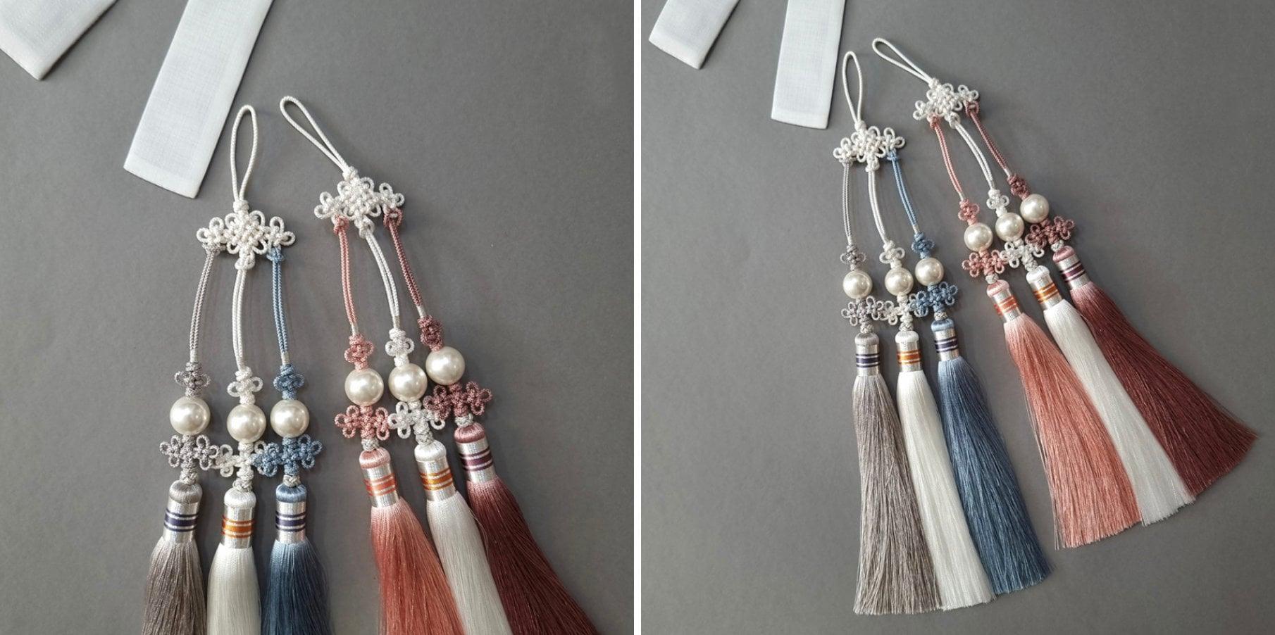 Long Pearl Trio Tassel Norigae - Native Korean