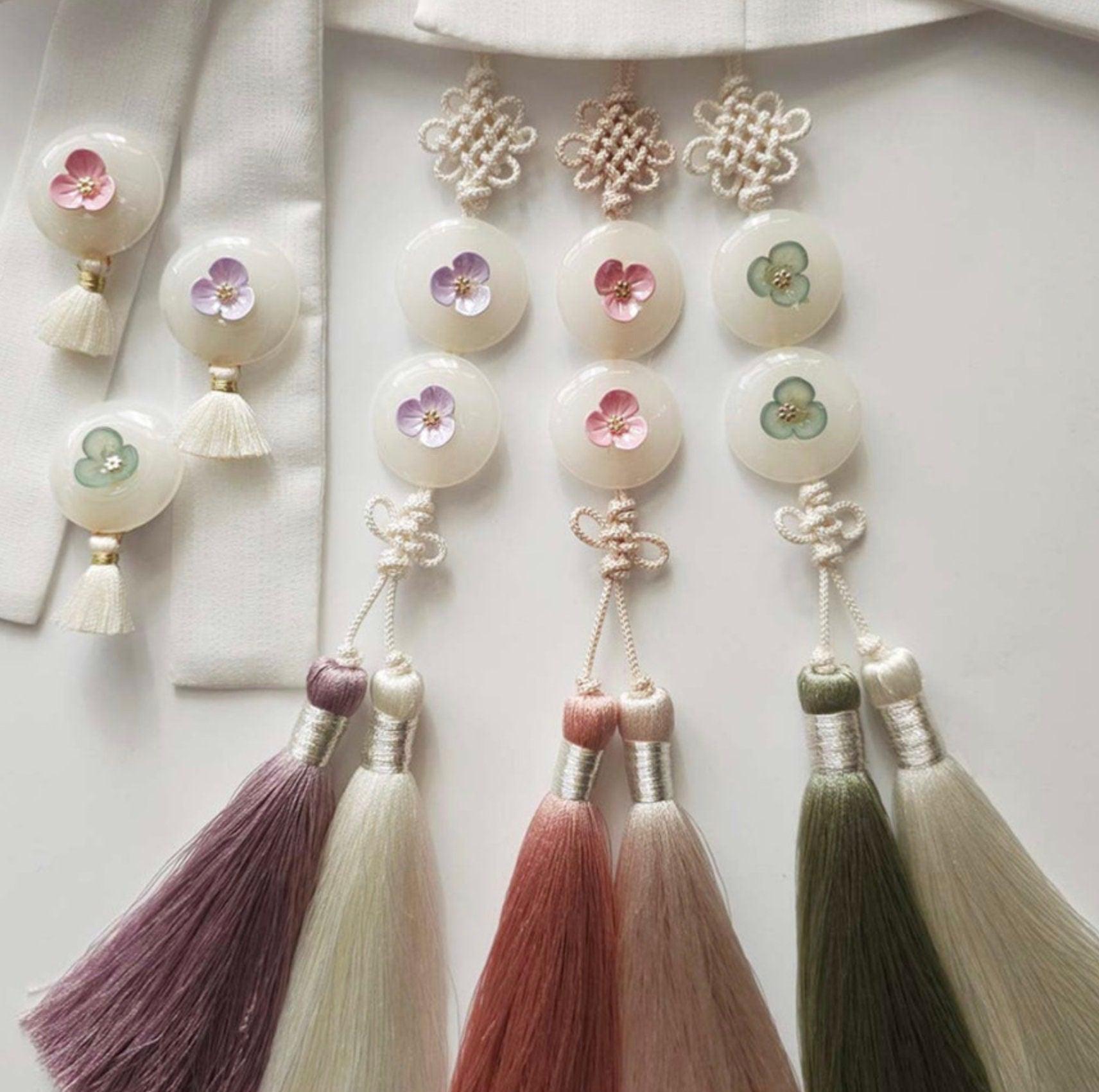 Pastel Floral Button Tassel Norigae - Native Korean