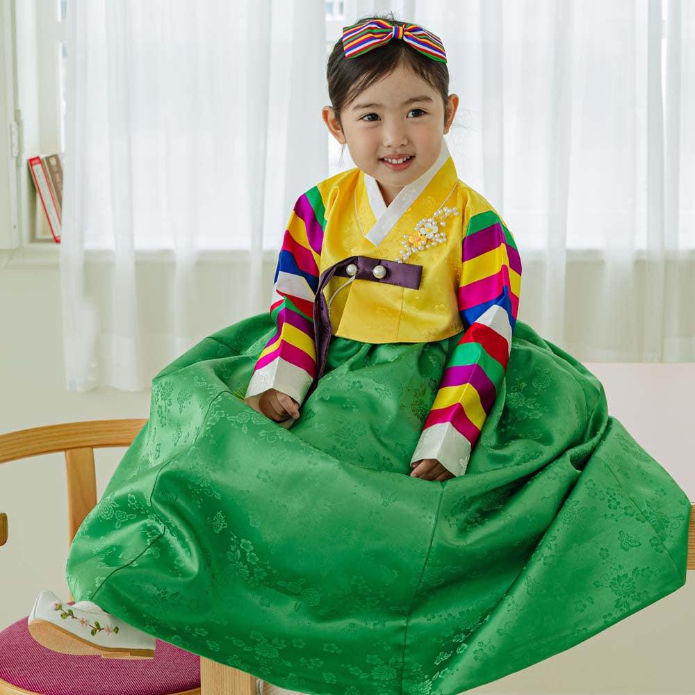 Seunju Yellow Jeogori Green Skirt Girl Hanbok (100D-10YR) - Native Korean