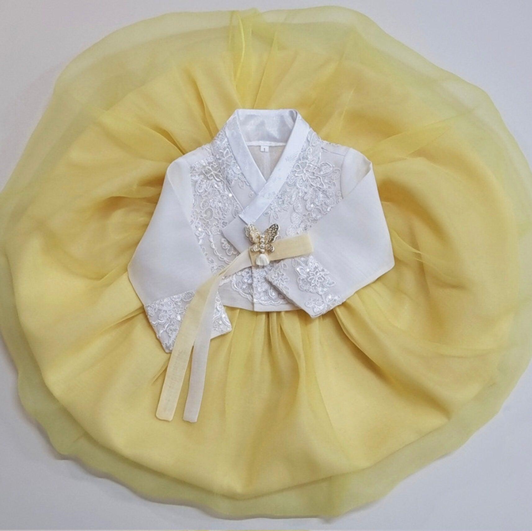 Sooyeon White Yellow Dress Girl Hanbok (100D-10YR) - Native Korean