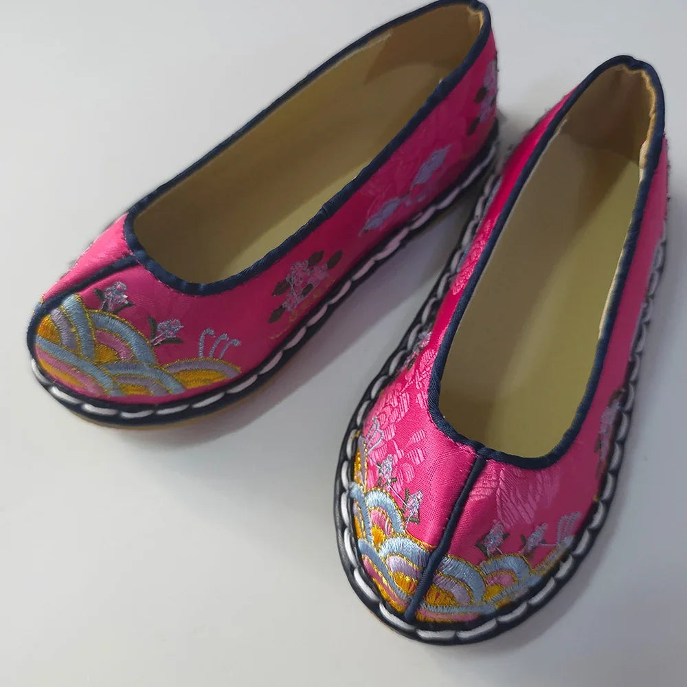 Magenta floral Girl Hanbok shoes by Native Korean with colorful embroidery.