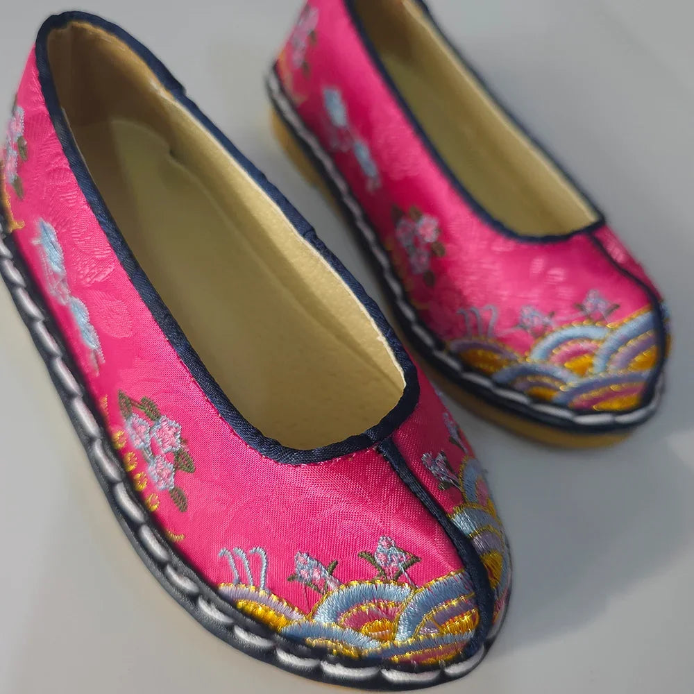 Magenta floral embroidered traditional Korean hanbok shoes by Native Korean