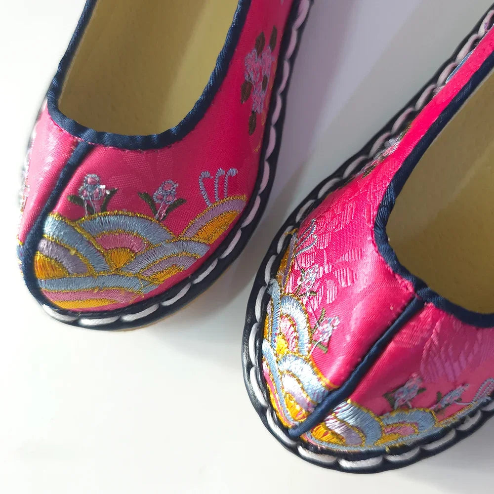 Magenta Girl Hanbok shoes by Native Korean with floral embroidery and colorful patterns