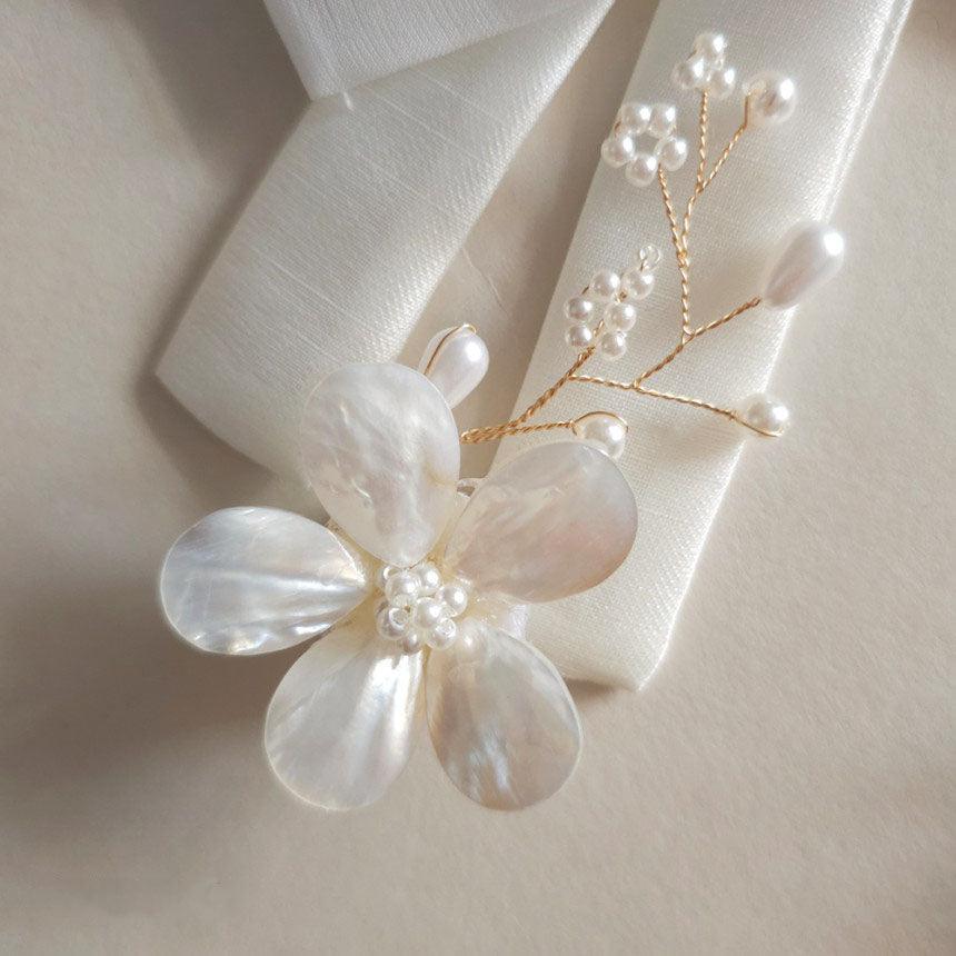 White Mother of Pearl Floral Brooch - Native Korean