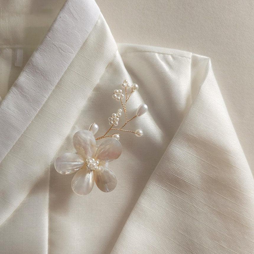 White Mother of Pearl Floral Brooch - Native Korean
