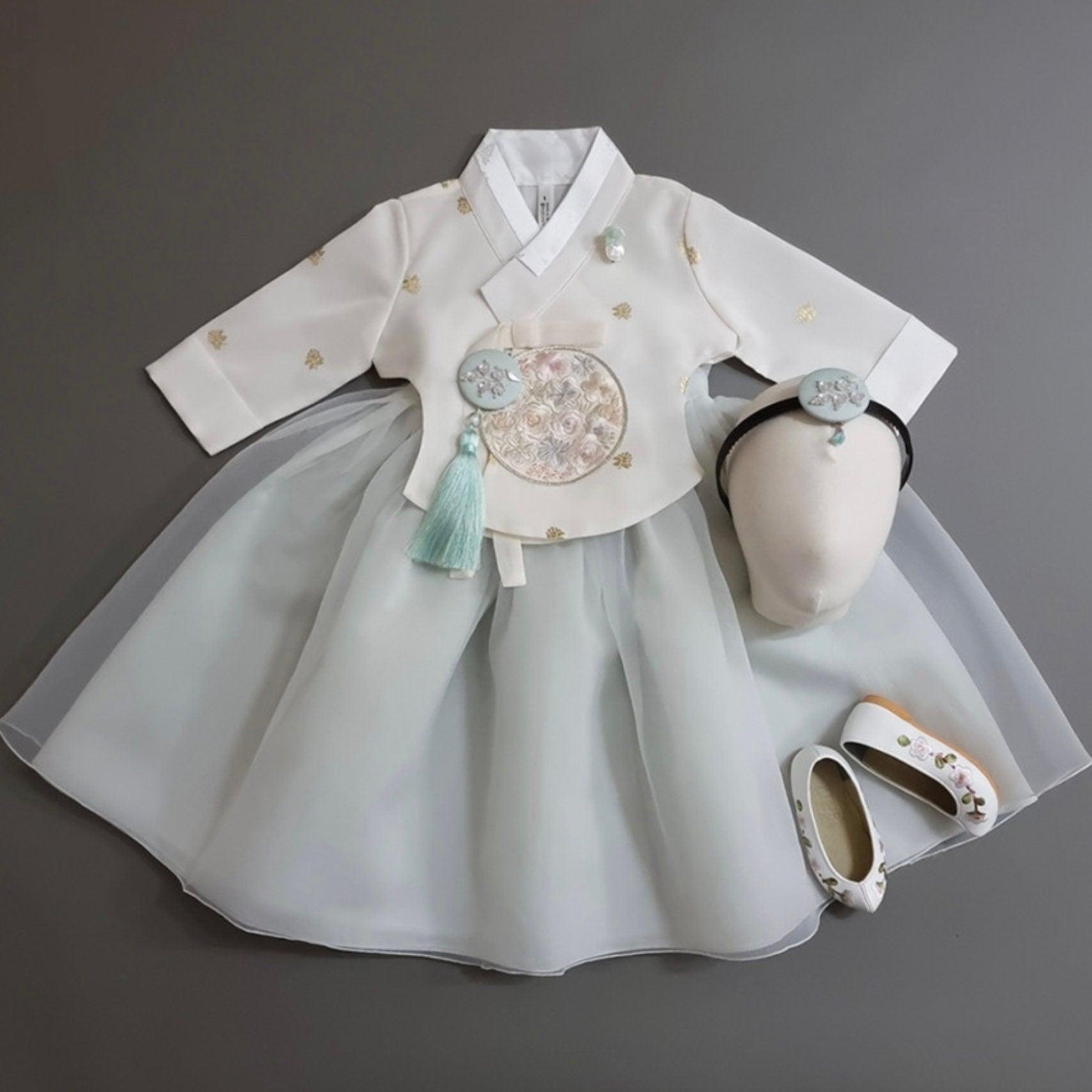 Yebon Ivory Mint Dress Girl Hanbok (100D-10YR) - Native Korean