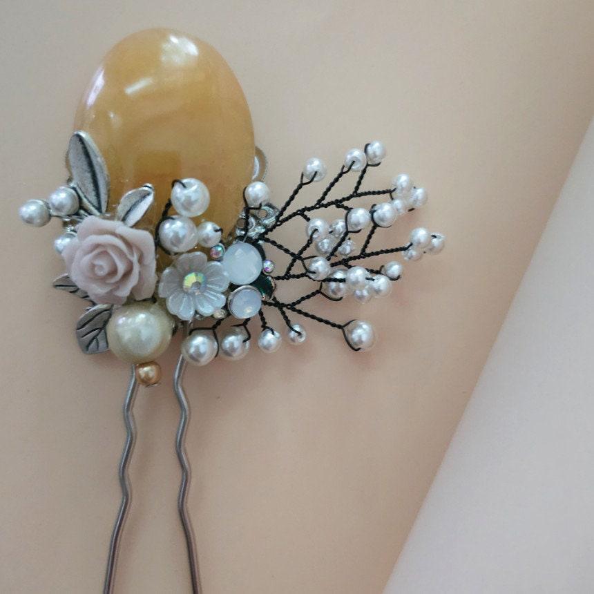 Yellow Flower U Shape Hairpin Double sided - Native Korean