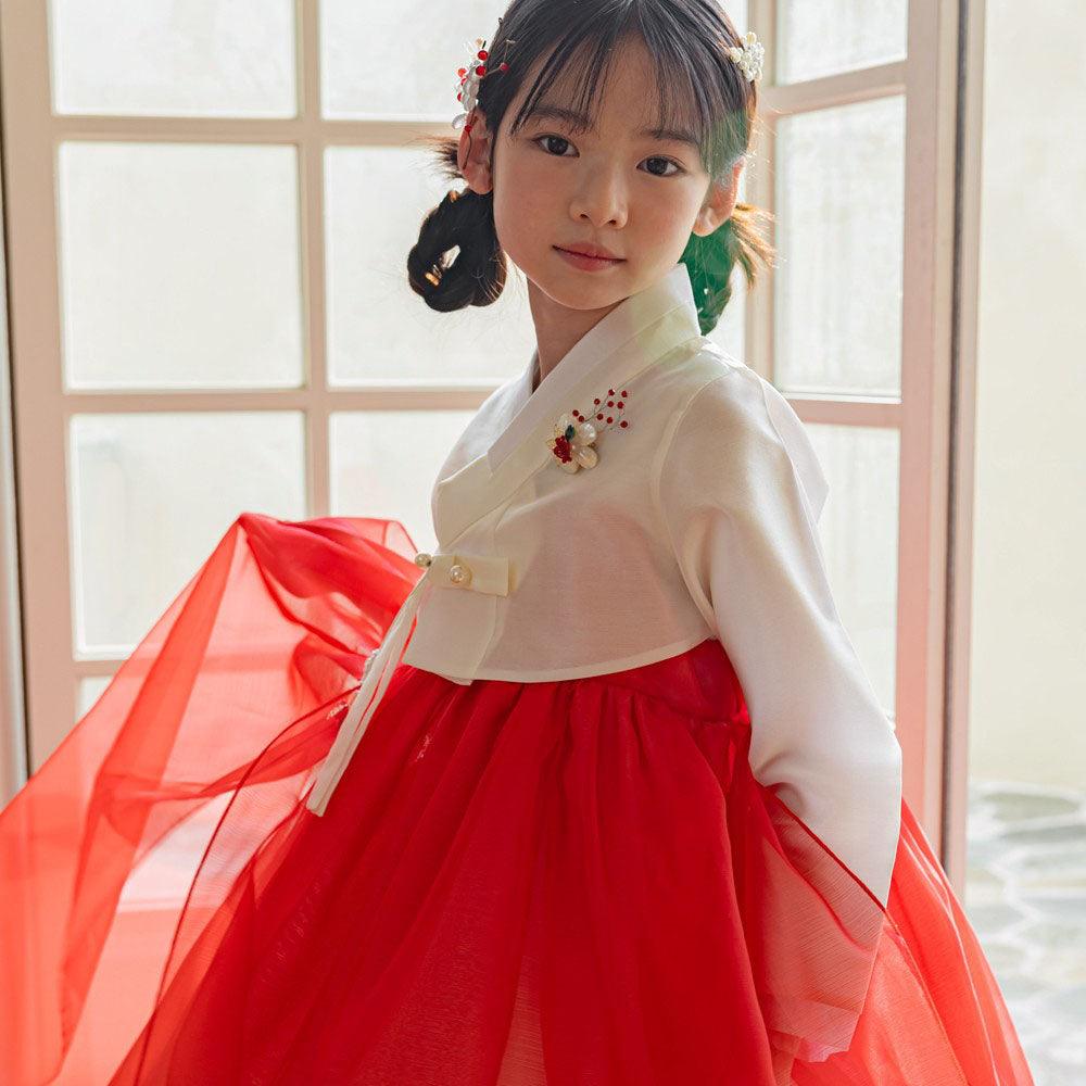 Youl Flared Red Girl Hanbok (100D-15YR) - Native Korean