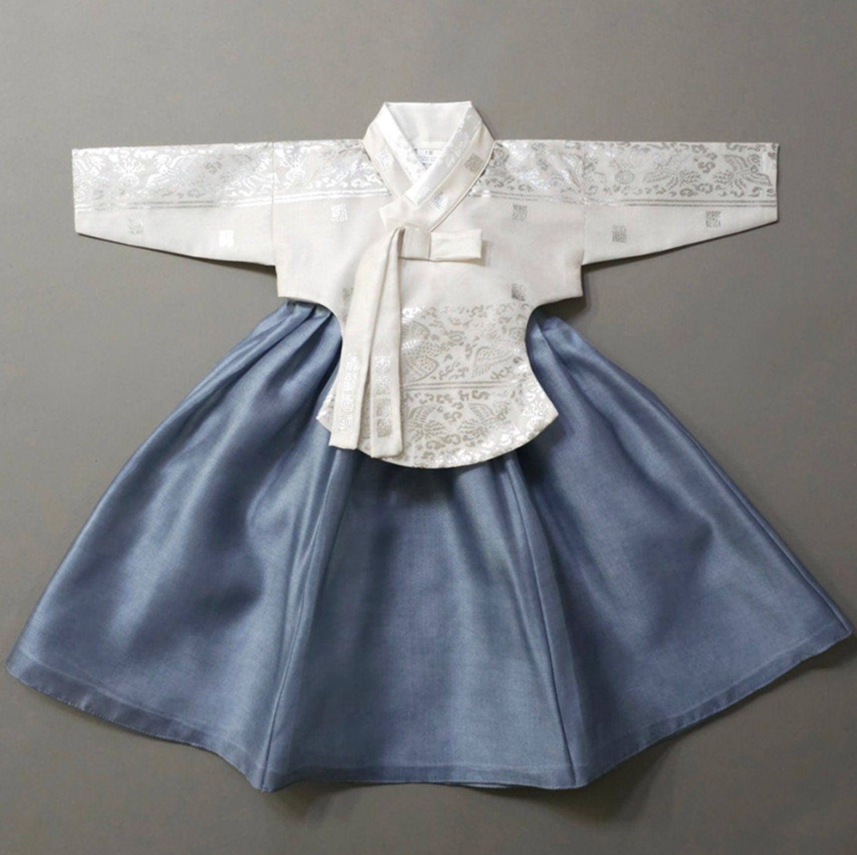 Yuhee Silver Foil Blue Girl Hanbok (100D-15YR) - Native Korean